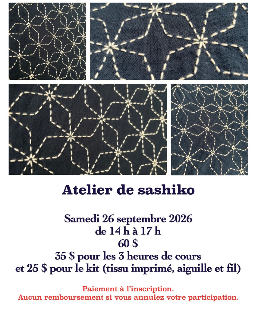 Cours sashiko - 26 septembre 2026 de 14 h à 17 h 00
